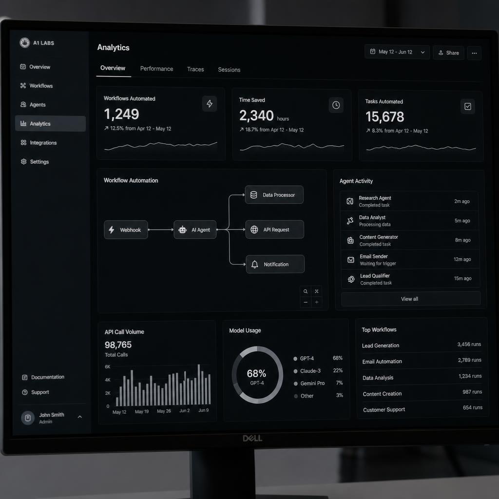 AI automation analytics dashboard showing tasks automated, time saved, and agent activity