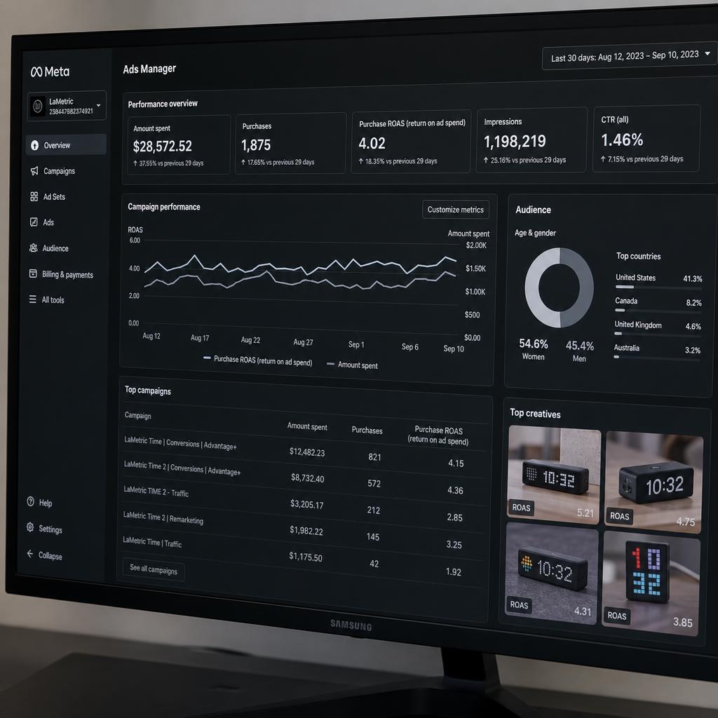 Marketing analytics dashboard showing ad campaign performance, ROAS, and conversion funnel